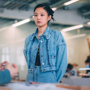 jennie明星同款蓝色牛仔外套女小香风荷叶边蝴蝶结绑带夹克短上衣