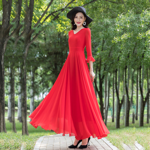 红色七分袖拖地雪纺连衣裙女2023新款夏季超长到脚踝大码气质长裙