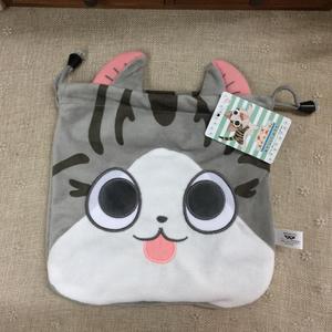 日本可爱卡通动漫灰色条纹小猫咪起司猫毛绒储物收纳束口索绳袋子