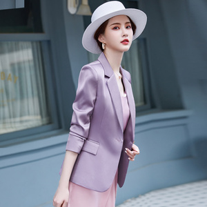 高端紫色醋酸缎面西装外套女春秋季通勤休闲小西服套装小个子短款