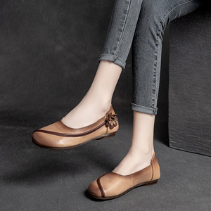 秋季新款森系单鞋女复古真皮平底舒适软皮奶奶鞋全牛皮软底妈妈鞋