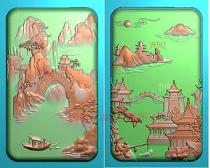 山水人物牌精雕图双面方牌两面江南水乡风景正反玉雕图浮雕jdp