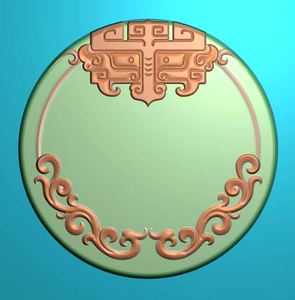 圆牌精雕图仿古牌兽面兽头回纹玉雕图浮雕jdp灰度bmp