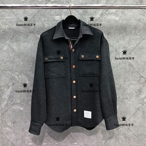 代购thom browne 秋冬新款tb金扣立领开衫大口袋毛呢衬衫夹克外套