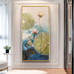 玄关画新中式装饰画竖版荷花走廊过道挂画抽象画现代简约油画手绘