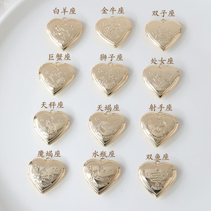 14k电镀真金保色复古爱心桃心12星座相框吊坠diy串珠耳饰材料配件