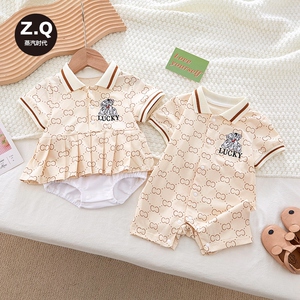 婴儿夏季衣服宝宝夏装洋气连体衣可爱超萌龙凤双胞胎兄妹百天礼服