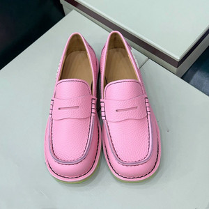 2022新款粉色方头乐福鞋女浅口平底单鞋真皮一脚蹬英伦休闲小皮鞋