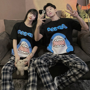鲨鱼情侣睡衣女夏季纯棉短袖长裤2022新款网红夏天男士全棉家居服