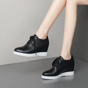 8cm薄底内增高女鞋秋季新款头层牛皮运动休闲鞋坡跟高跟系带单鞋
