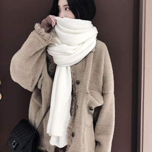 纯米色围巾女冬季2022新款白色针织时尚百搭围脖情侣休闲保暖毛线