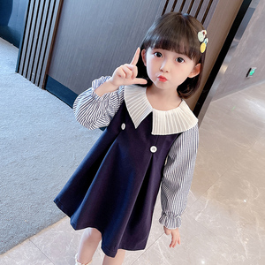 女童条纹连衣裙3春秋5岁儿童6学院风7翻领公主裙女宝宝百褶衬衫裙