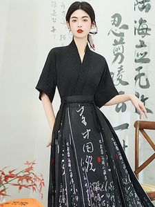 夏季新中式古装马面裙搭配飞机袖上衣中国风黑色V领刺绣衬衫新款