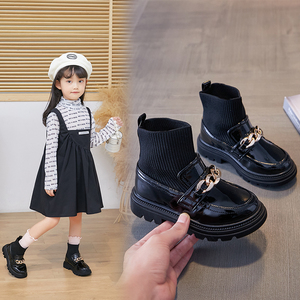女童鞋20223年春秋马丁靴黑色儿童公主小女孩针织靴子皮靴袜子靴