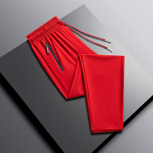 本命年红色冰丝裤子男休闲裤夏季薄款直筒速干长裤男裤跑步运动裤