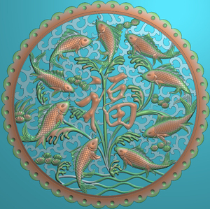 精雕图鲤鱼九鱼福透雕屏风圆盘洋花底纹浮雕图灰度图bmp木雕图