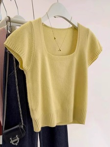 欧货高级黄色方领短袖羊毛针织衫女短款软糯毛衣2024夏季濮院上衣