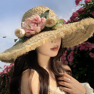 法式花朵编织拉菲草帽女夏季大帽檐遮阳防晒帽海边度假太阳帽子潮