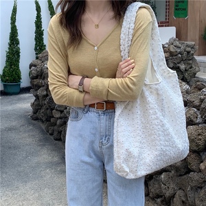 Wfei帆布袋设计感夏季新款包包简约仙女小花朵蕾丝单肩包背心包