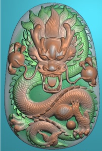 正面盘龙挂件玉雕椭圆龙挂件生肖龙牌子龙牌精雕图浮雕灰度图雕刻