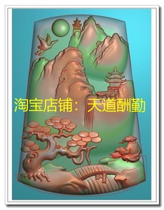 玉牌山水人物松鹤挂件风景月亮玉佩牌子精雕图浮雕灰度玉石雕刻图