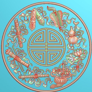 圆形八仙八宝挂屏暗八仙寿字棺材挡板后档木雕精雕图浮雕灰度雕刻