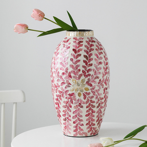 高级感粉色贝壳陶瓷花瓶创意桌面大号插花器家用客厅艺术装饰摆件