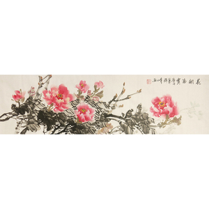 名家手绘国画三尺对开横幅牡丹客厅装饰画花开富贵风水招财挂画