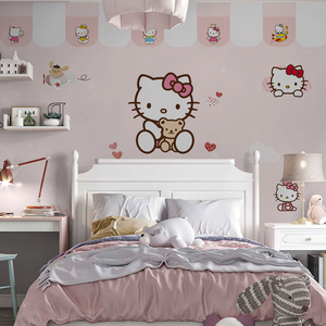 墙纸卧室女孩ins风儿童房壁纸公主kitty猫壁画北欧风格墙布背景墙