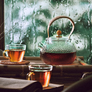 樱上花札 耐热玻璃茶壶锤目纹铜把提梁壶家用水壶电陶炉煮花茶壶