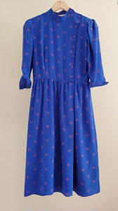 正品 Maggy London Vintage 中古 宝蓝色 几何印花 纯真丝 连衣裙