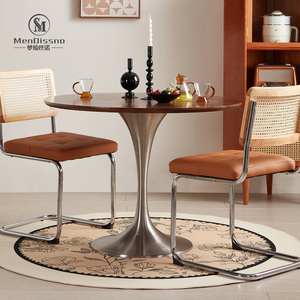 家用中古风复古小餐桌椅子桌子中古圆形实木圆餐桌不锈钢休闲圆桌