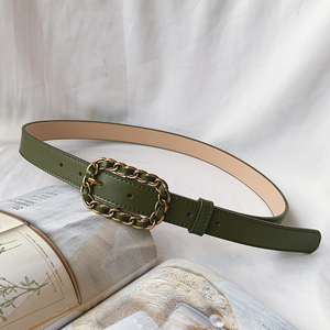 时尚潮铜色锁链针扣牛皮腰带女搭配牛仔裤裙子真皮压线边束腰皮带