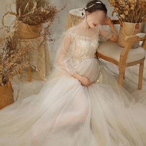 孕妇拍照服装影楼孕期摄影大肚照写真透视网纱礼服准妈咪白婚纱裙