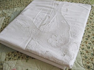 90年代老库存复古vintage手工艺钩花白色纯棉桌布床单