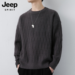 Jeep吉普男士毛衣春季宽松扭花圆领针织上衣服新款潮流毛线衣男款