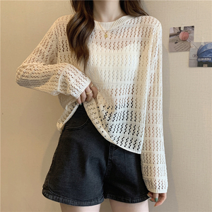 镂空针织衫女夏防晒罩衫宽松长袖冰丝空调衫透视套头薄款网织上衣