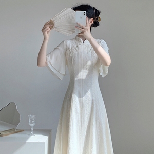 白色改良旗袍连衣裙女夏季新中式领证伴娘服订婚小礼服裙日常可穿