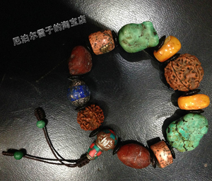 尼泊尔手串老珊瑚玛瑙蜜蜡绿松石佛家七宝手串手链