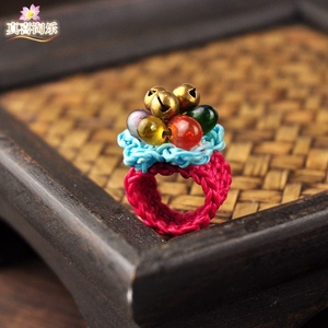 泰国手工编织蜡绳彩石铜铃戒指异国风情创意个性百搭指环夸张饰品