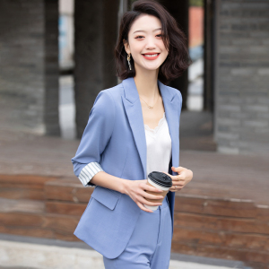 浅蓝色西装外套女夏薄款2022夏季新款小个子气质中袖职业西服套装