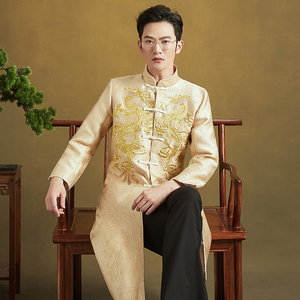 男士秀禾服新郎2020新款中式结婚男款秀和服金色马褂式秀禾唐装男