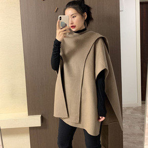 欧美风茧型斗篷毛呢外套女秋冬纯手工围巾领宽松双面羊绒披肩大衣