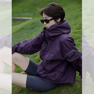宽松高级感连帽上衣防晒服机能冲锋衣运动服休闲紫色外套女装秋季