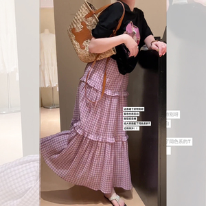 馨雪妃格子半身裙女夏季2024新款复古紫色设计感拼接高腰a字长裙