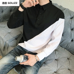 一半黑一半白的衣服宽松休闲百搭运动polo衫体恤男长袖生夏季衬衫