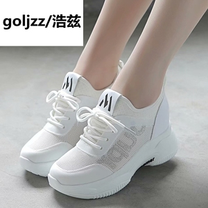 内增高运动鞋女时尚2019新款白色高帮鞋厚底透气网鞋女士休闲鞋