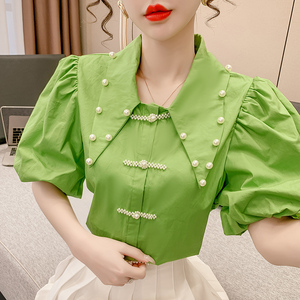 2024夏季韩版设计感钉珠尖领衬衫女复古减龄泡泡袖盘扣上衣衬衣潮