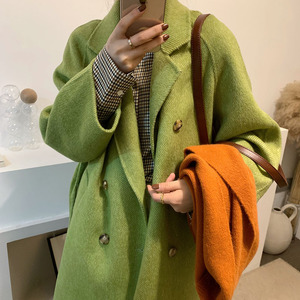 牛油果绿双面羊绒大衣小个子高级感毛呢外套女冬季百搭2021年新款