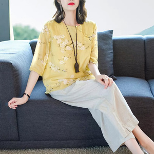 贵夫人阔太太夏天棉麻时尚套装女高端洋气复古中国风阔腿裤两件套